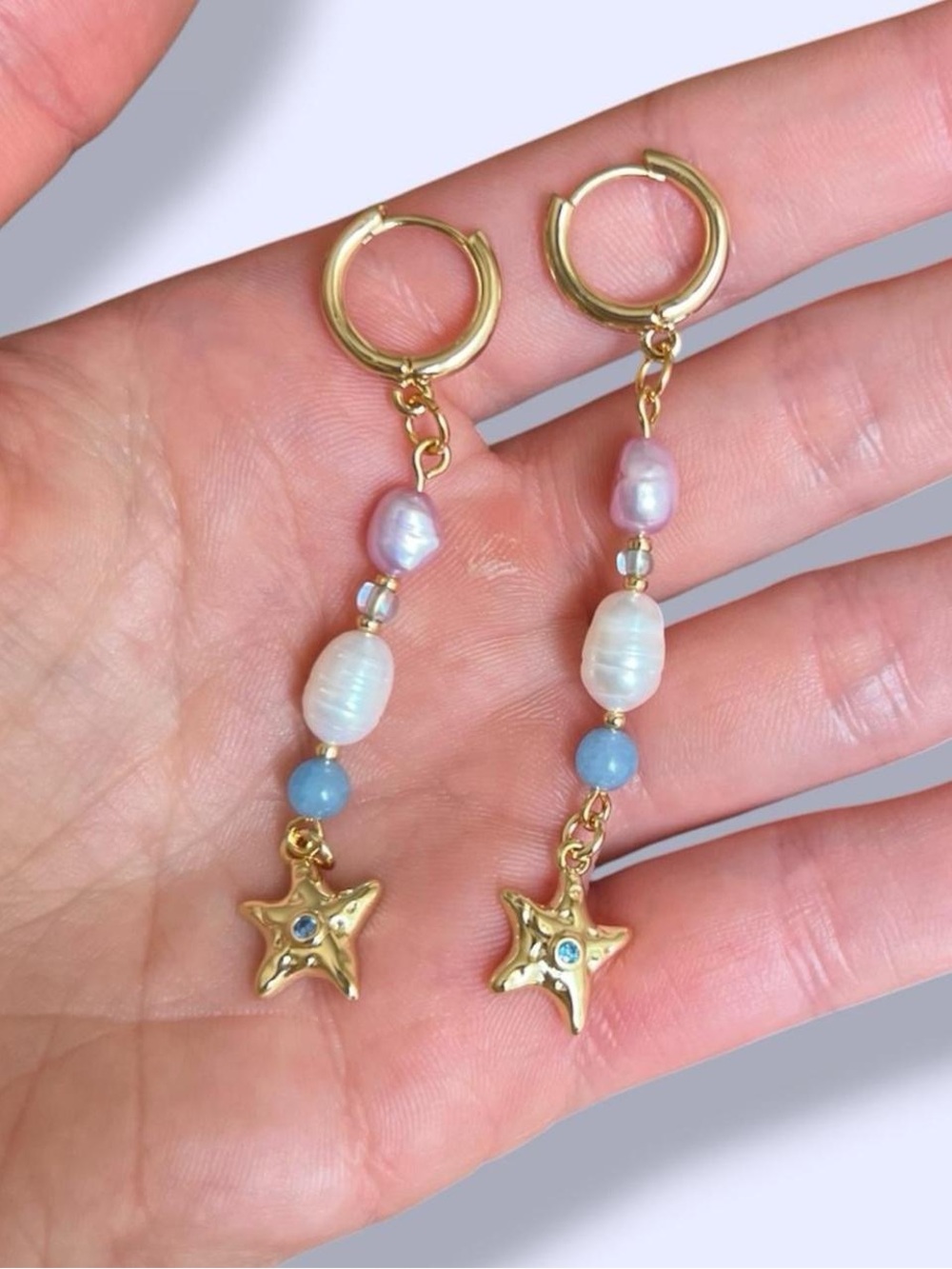 18K Gold-Plated Pink Freshwater Pearl, Starfish, & bead Hoop dangle Earrings ✨